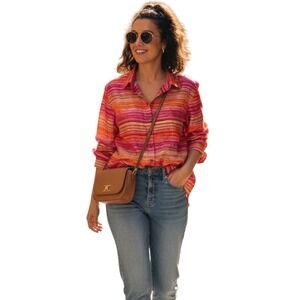 NOTATIONS Women's size M Striped Button Down Shirt Pink Orange Gold Sheer Medium